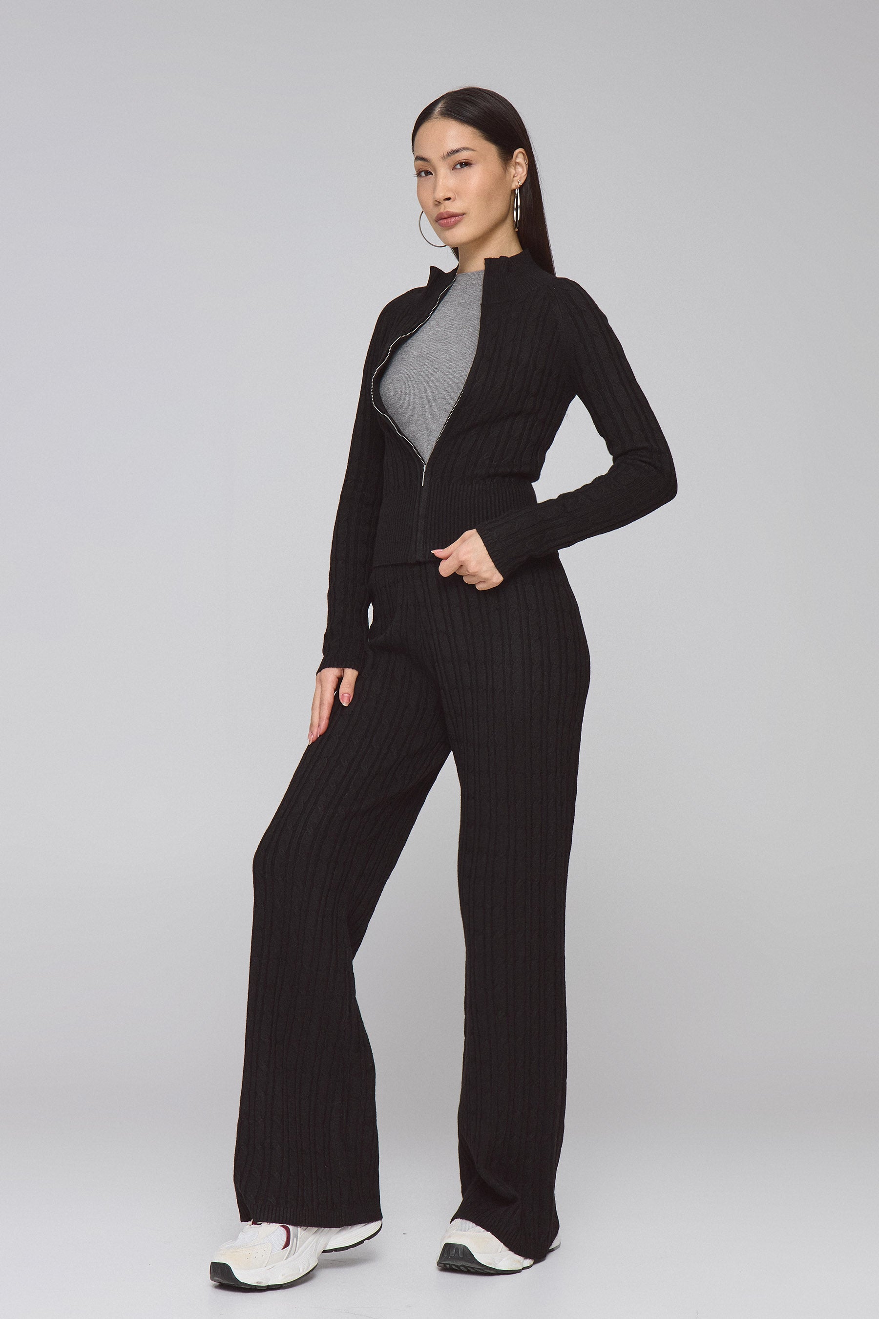 סריג קרדיגן צוורון מוק סט צמות