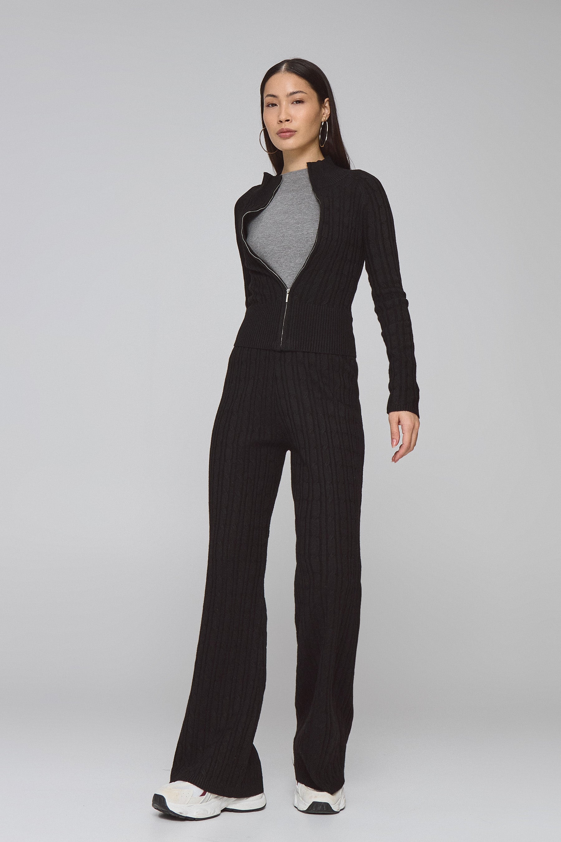 סריג קרדיגן צוורון מוק סט צמות