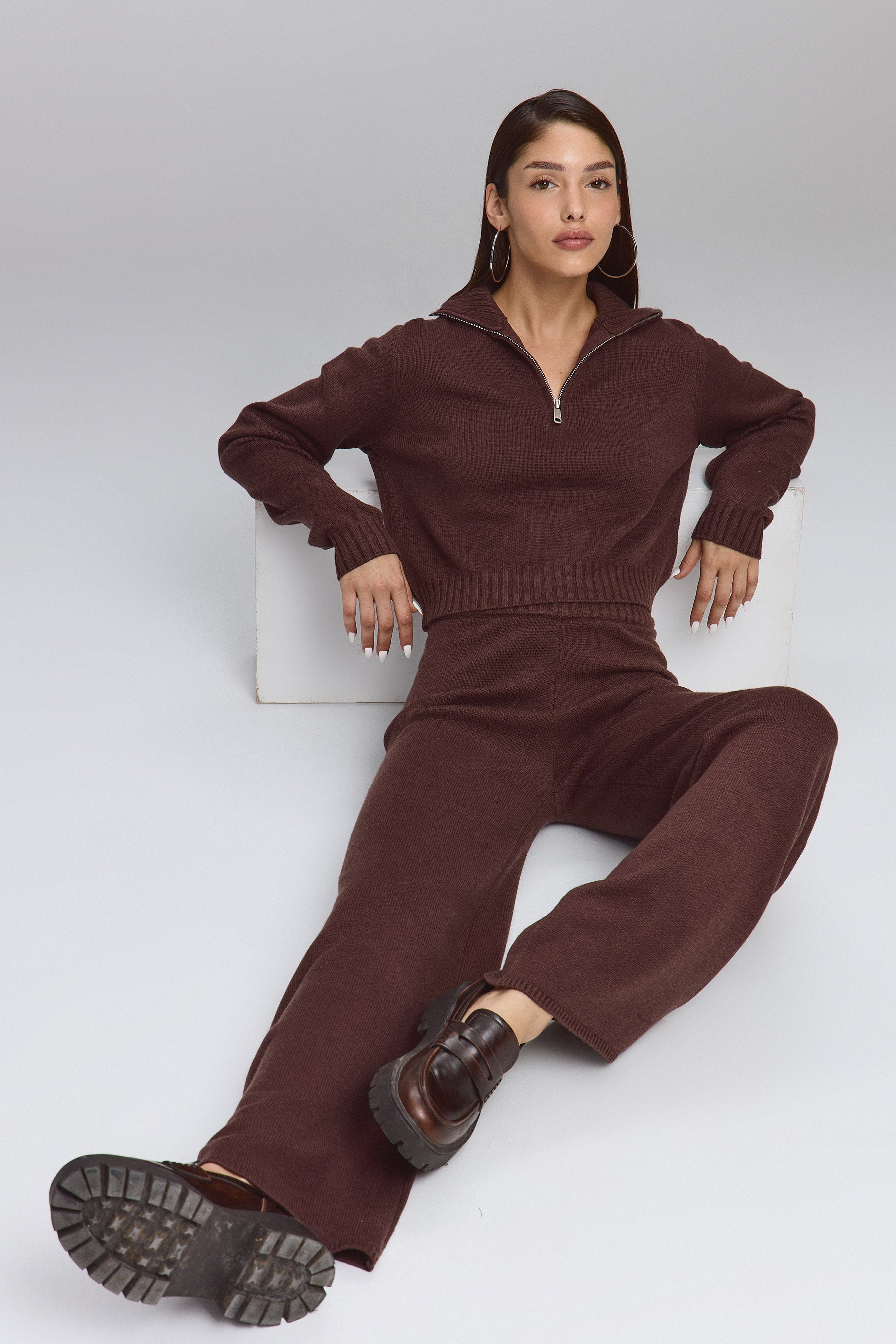 מכנס סריג סט זיפר חום