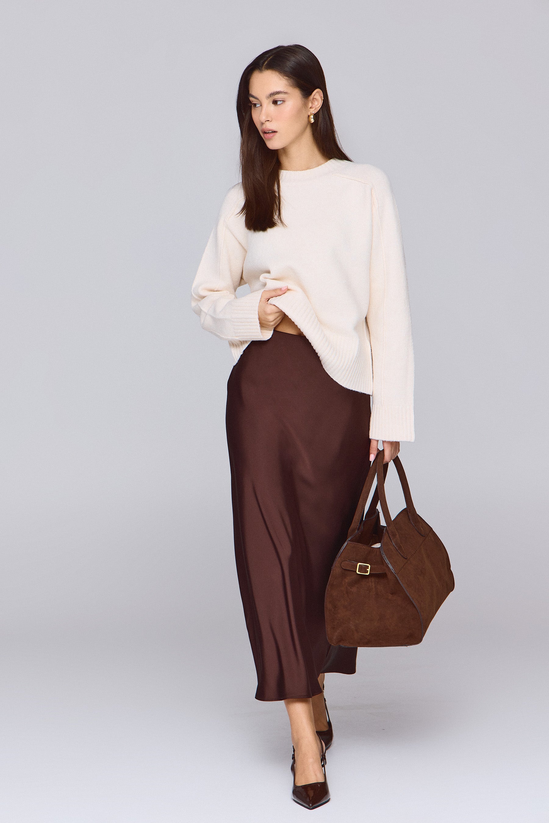 חצאית סאטן מידי בראון