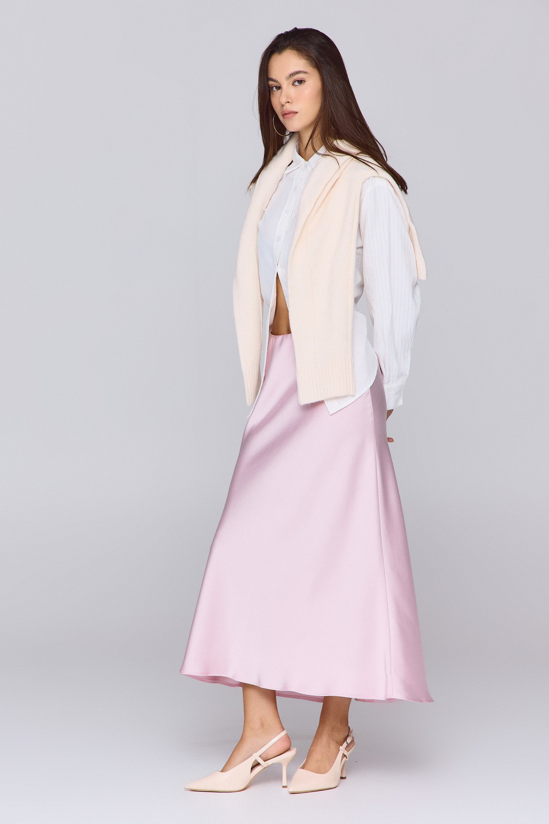 חצאית סאטן מידי פינק