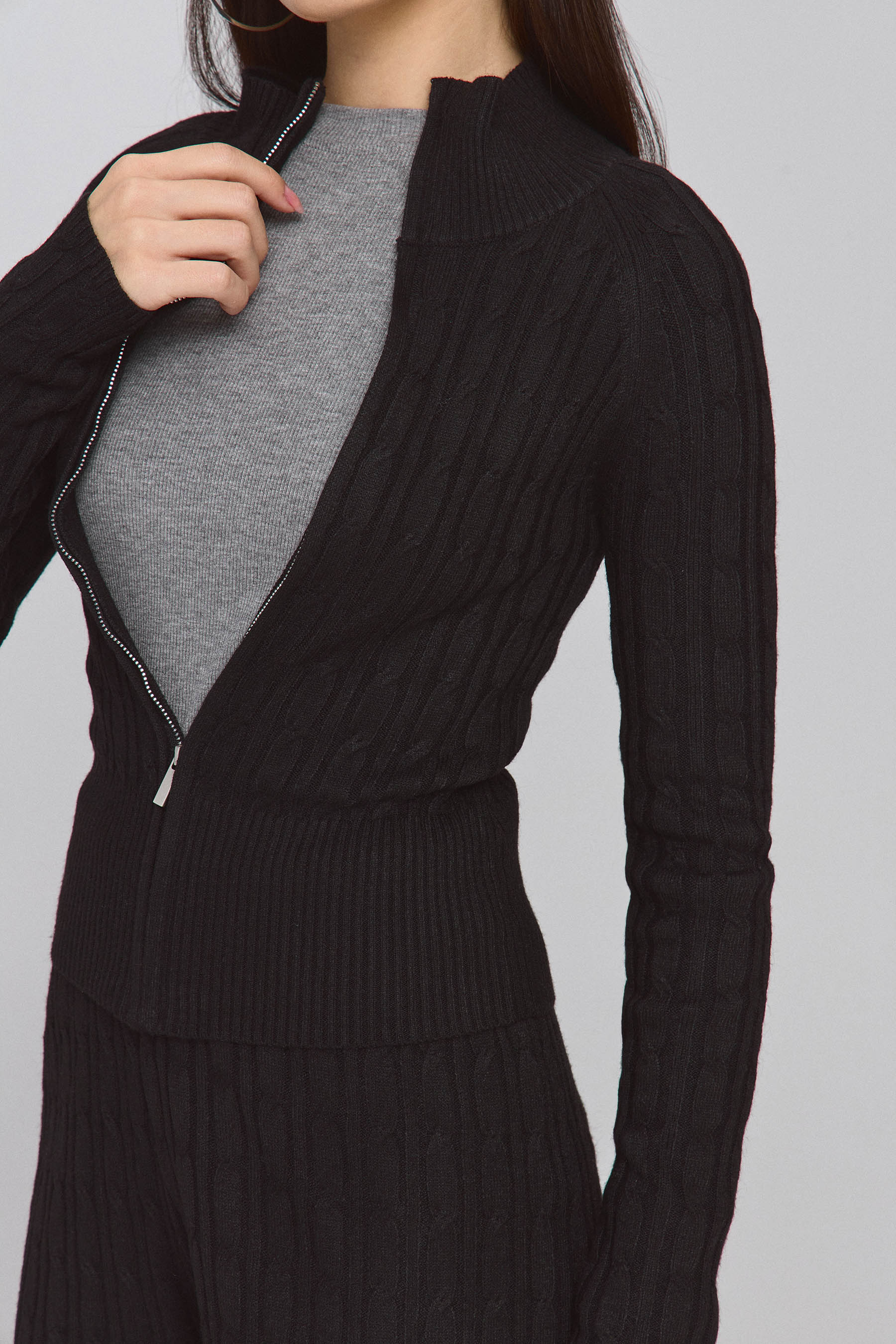 סריג קרדיגן צוורון מוק סט צמות