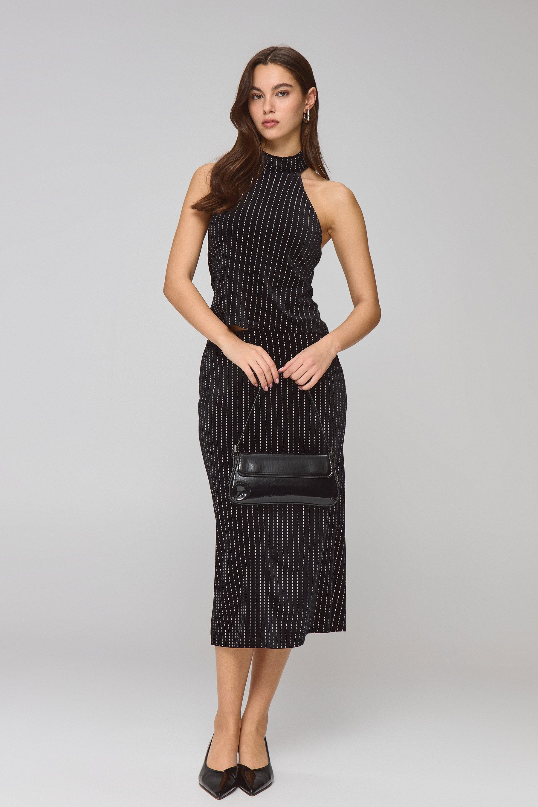 חצאית מידי קטיפה סילבר סטרייפס